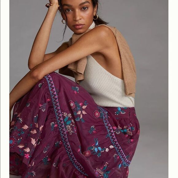 NWT Anthropologie Let Me Be Embroidered Organza Midi Skirt Small #183